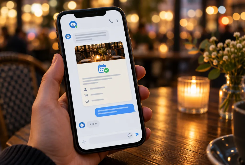 Hand mit Smartphone, auf dem ein Chat eine Tischreservierung bestätigt