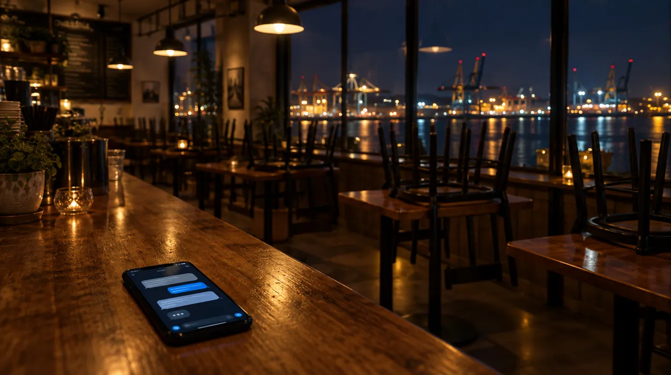 Leeres Café bei Nacht, auf dem Tresen leuchtet ein Smartphone mit einem Chat auf