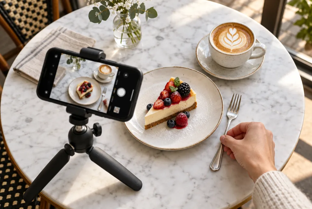Smartphone auf einem Mini-Stativ filmt Käsekuchen und Cappuccino von oben