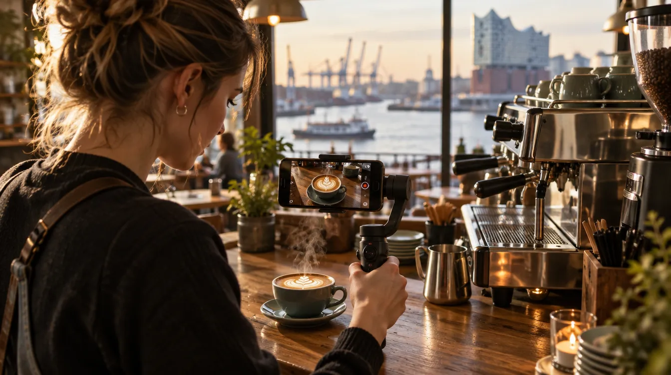 Barista filmt Latte Art mit einem Smartphone auf einem Gimbal