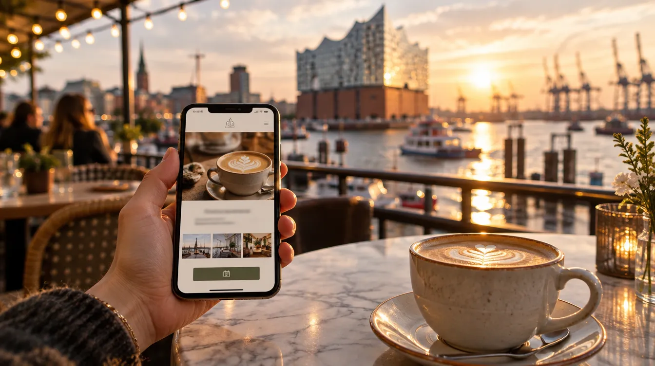 Hand mit Smartphone auf einer Café-Terrasse am Hamburger Hafen, auf dem Display eine Café-Website